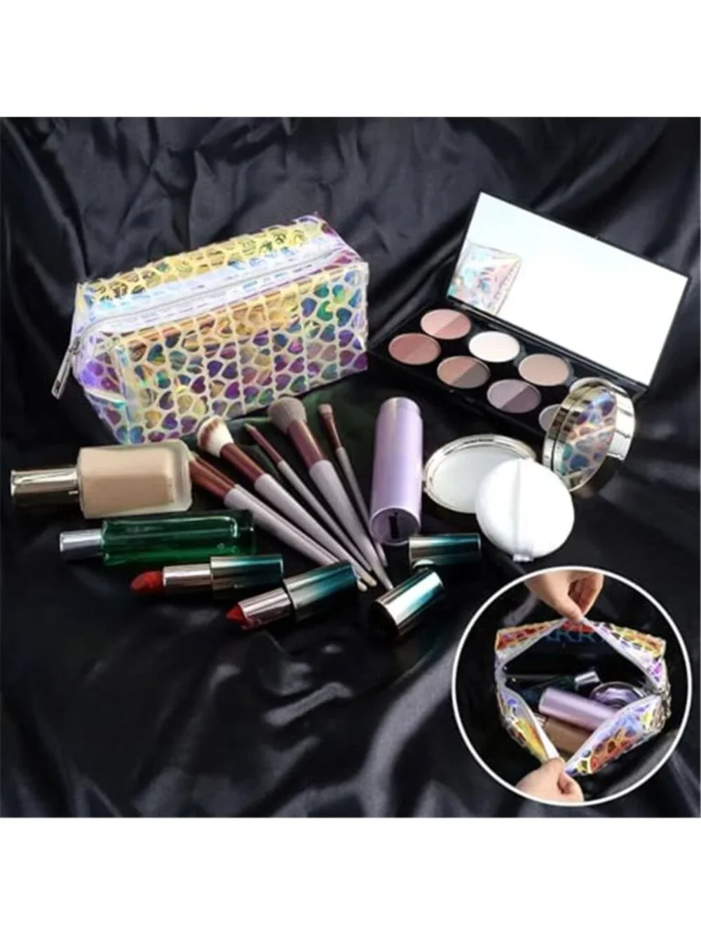 Rainbow Holographic Heart Pattern Makeup Bag TPU Clear Cosmetic Pouch